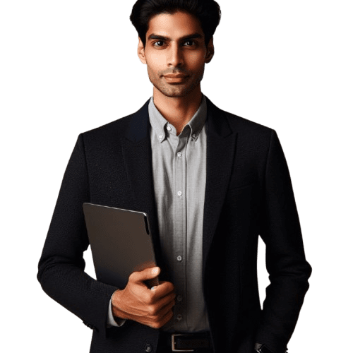 Man in a dark suit holding a tablet, looking confident and professional.